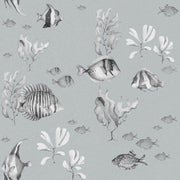 Dekornik Black And White Fish Behang — Een grafisch behang met visjes in zwart-wit, perfect voor een speelse, moderne maritieme kinderkamer.