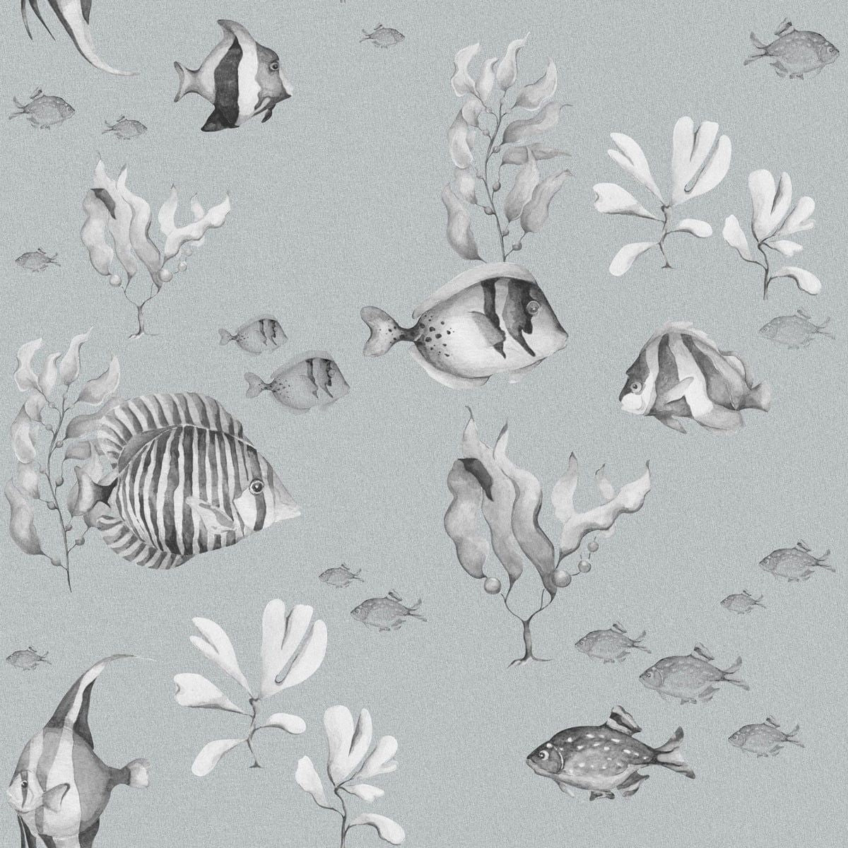 Dekornik Black And White Fish Behang — Een grafisch behang met visjes in zwart-wit, perfect voor een speelse, moderne maritieme kinderkamer.
