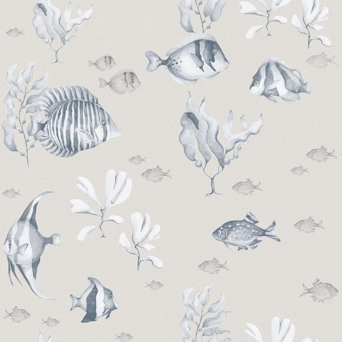 Dekornik Blue & White Beige Fish Behang — Een rustig behang met visjes in blauw, wit en beige tinten, perfect voor een serene, maritieme kinderkamer.