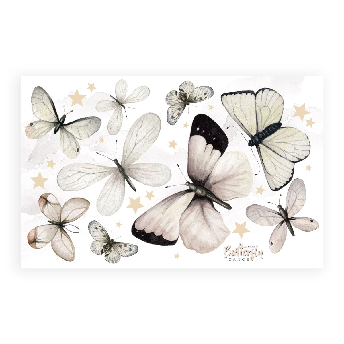 Dekornik Butterfly Dance Muurstickers — Een speelse set muurstickers met dansende vlinders in vriendelijke kleuren, perfect voor een lichte, vrolijke kinderkamer.