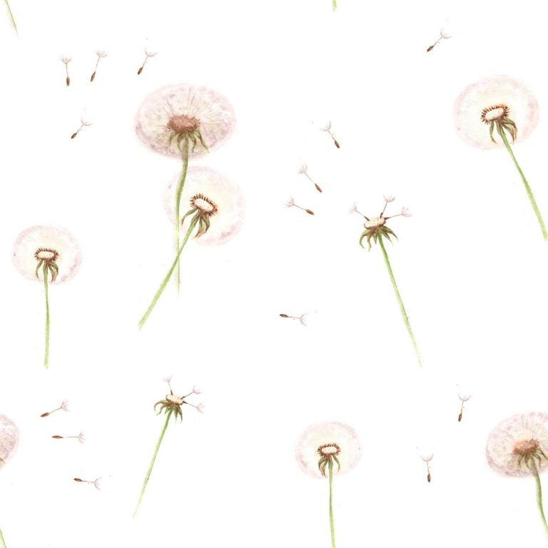 Dekornik Behang Dandelions — Een luchtig behang met paardenbloemen en zwevende pluisjes in zachte pastelkleuren, perfect voor een dromerige, botanische kinderkamer. Close-up van de illustraties en texturen.