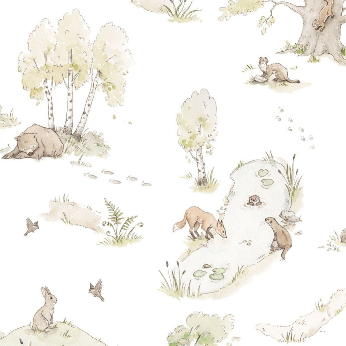 Dekornik Fairytale Forest Behang — Een sprookjesachtig behang met een magisch bos vol bomen, paddenstoelen en dierenvriendjes, perfect voor een dromerige kinderkamer. Close-up van de illustraties en texturen.
