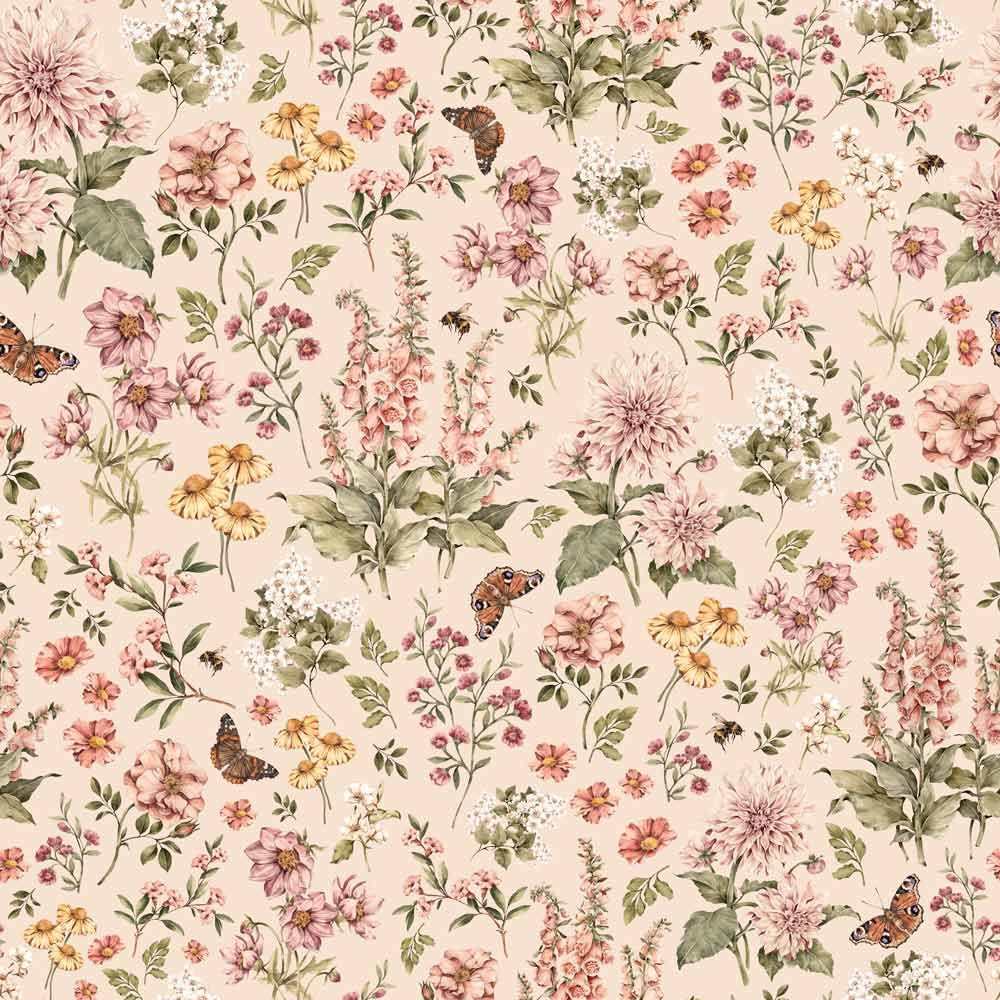 Dekornik Floral Countryside Behang — Een landelijk behang met bloemen en grassen in warme, aardse kleuren, perfect voor een romantische plattelandse kinderkamer.