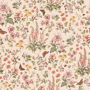 Dekornik Floral Countryside Behang — Een landelijk behang met bloemen en grassen in warme, aardse kleuren, perfect voor een romantische plattelandse kinderkamer.
