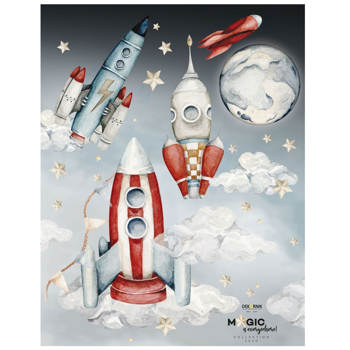 Dekornik Future Sky/ Magic Is Everywhere Muurstickers — Een speelse set muurstickers met wolken, sterren en planeten voor een dromerige toekomstige hemel, perfect voor een avontuurlijke kinderkamer.