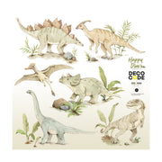 Dekornik Happy Dino Wonderland Muurstickers — Een vrolijke set muurstickers met speelse dinosaurussen in vriendelijke kleuren, perfect voor een avontuurlijke kinderkamer.
