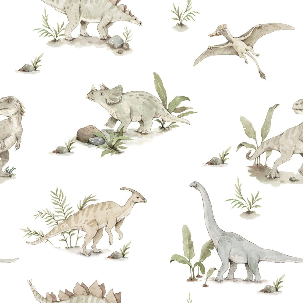 Dekornik Happy Dino's Behang — Een vrolijk behang met speelse dinosaurussen in vriendelijke kleuren, perfect voor een avontuurlijke kinderkamer. Close-up van de illustraties en texturen.