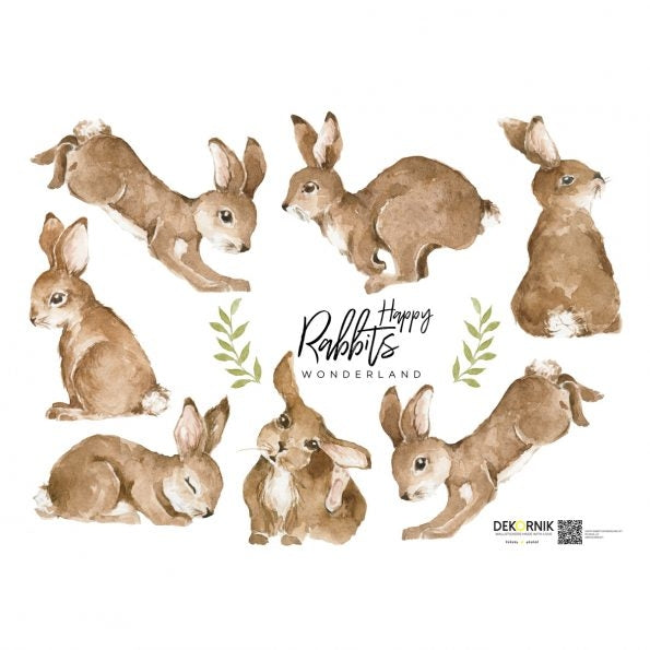 Dekornik Happy Rabbits Wonderland Muurstickers — Een vrolijke set muurstickers met huppelende konijntjes tussen bloemen, in pastelkleuren, perfect voor een lieve, dromerige kinderkamer.