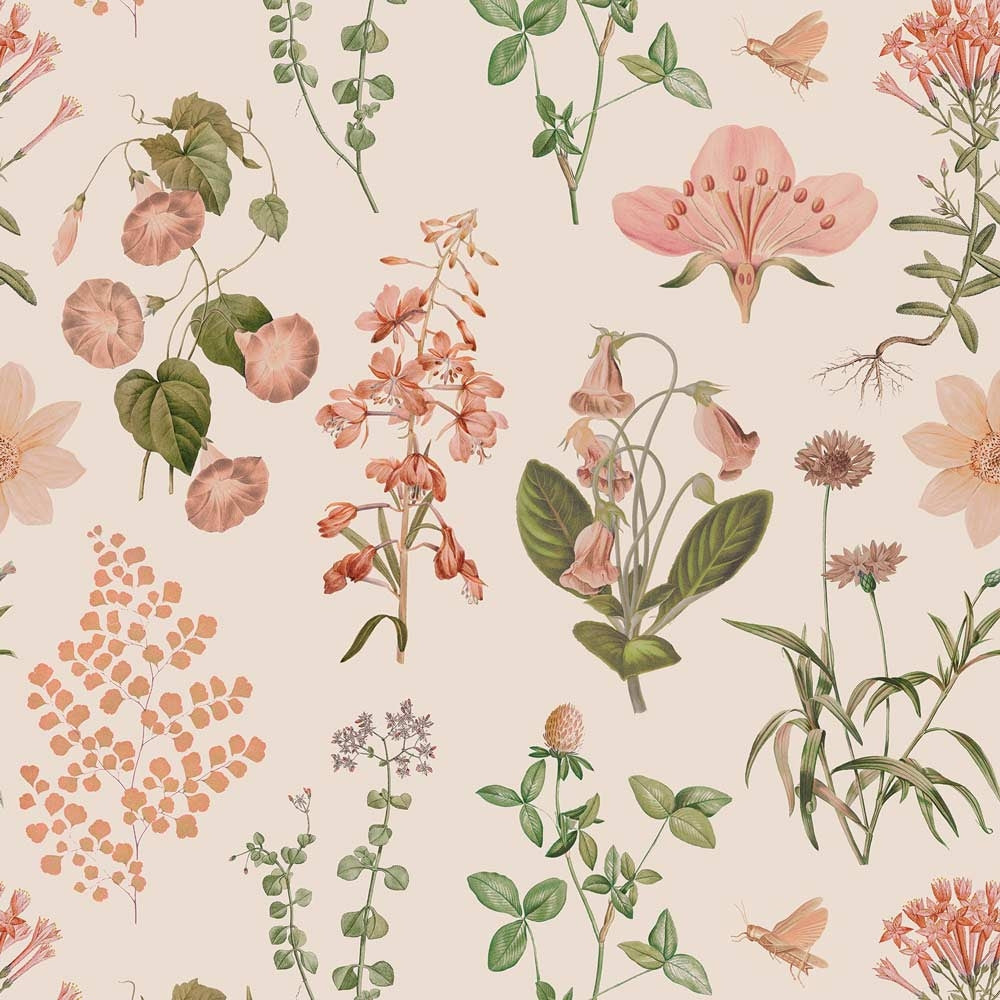 Dekornik Herbs And Flowers Behang — Een sierlijk behang met kruiden en bloemen in zachte groen- en roze tinten, perfect voor een rustige, botanische kinderkamer.