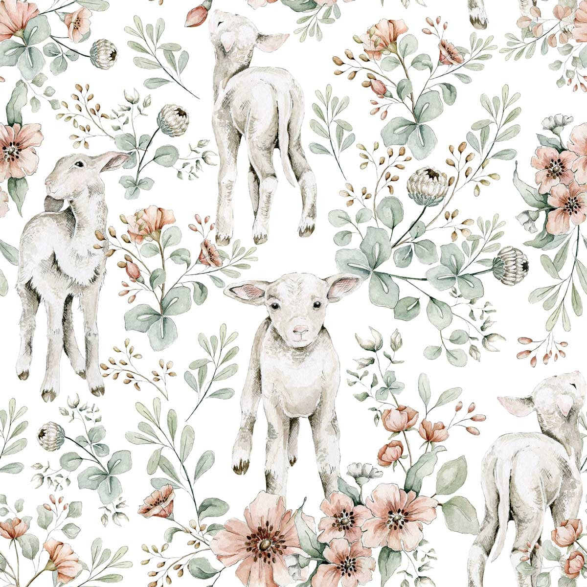 Dekornik Little Lambs Behang — Een lief behang met kleine lammetjes tussen bloemen en gras, in zachte pasteltinten, perfect voor een dromerige babykamer. Close-up van de illustraties en texturen.