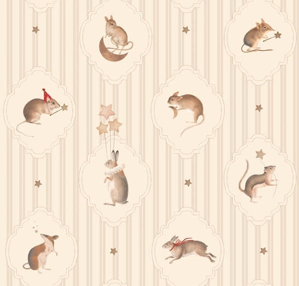 Dekornik Magic Mice Behang — Een speels behang met magische muisjes die tussen sterren en maantjes zweven, perfect voor een dromerige kinderkamer.