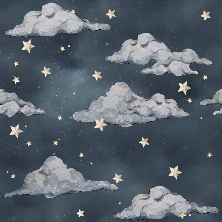 Dekornik Magic Night Sky Behang — Een sfeervol behang met een magische nachtelijke sterrenhemel vol maantjes en sterren, perfect voor een rustgevende slaapkamer.