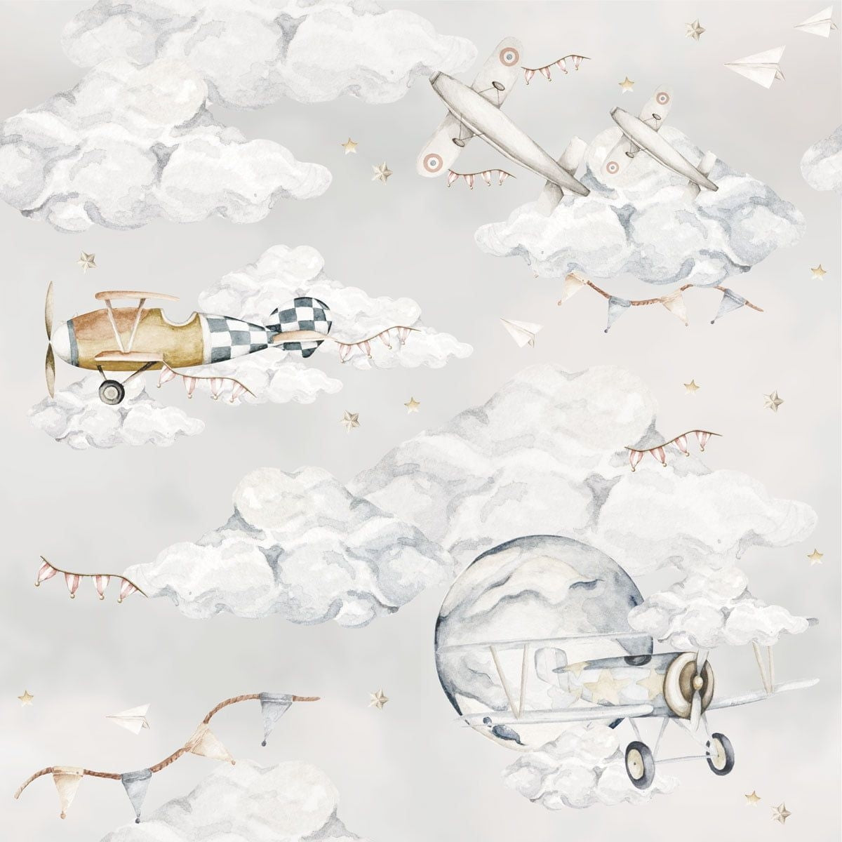 Dekornik Magic Planes Behang — Een avontuurlijk behang met magische vliegtuigjes die tussen wolken en sterren zweven, perfect voor een dromerige, speelse kinderkamer. Close-up van de illustraties en texturen.