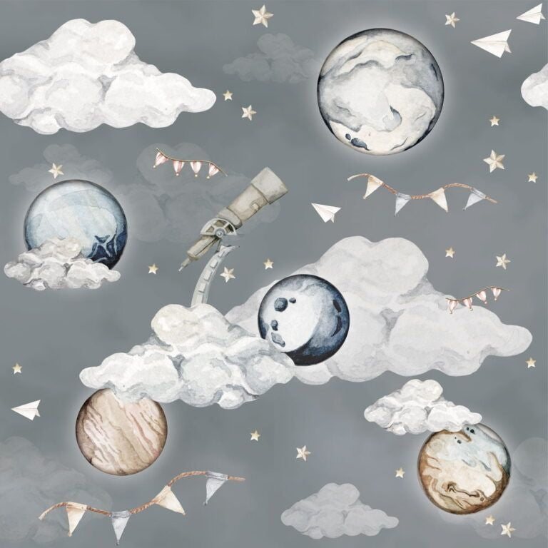 Dekornik Magic Planets Behang — Een speels behang met kleurrijke planeten en sterren die door de ruimte zweven, perfect voor een avontuurlijke kinderkamer. Close-up van de illustraties en texturen.