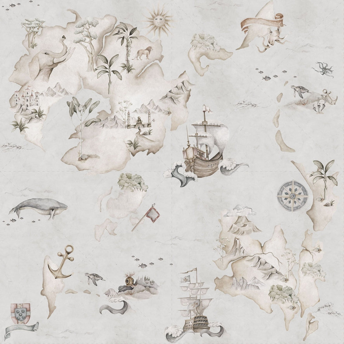 Dekornik Map Stories From The Sea Color Behang — Een avontuurlijk behang met een kleurrijke zeekaart vol scheepjes en zeewezens, perfect voor een speelse, maritieme kinderkamer.