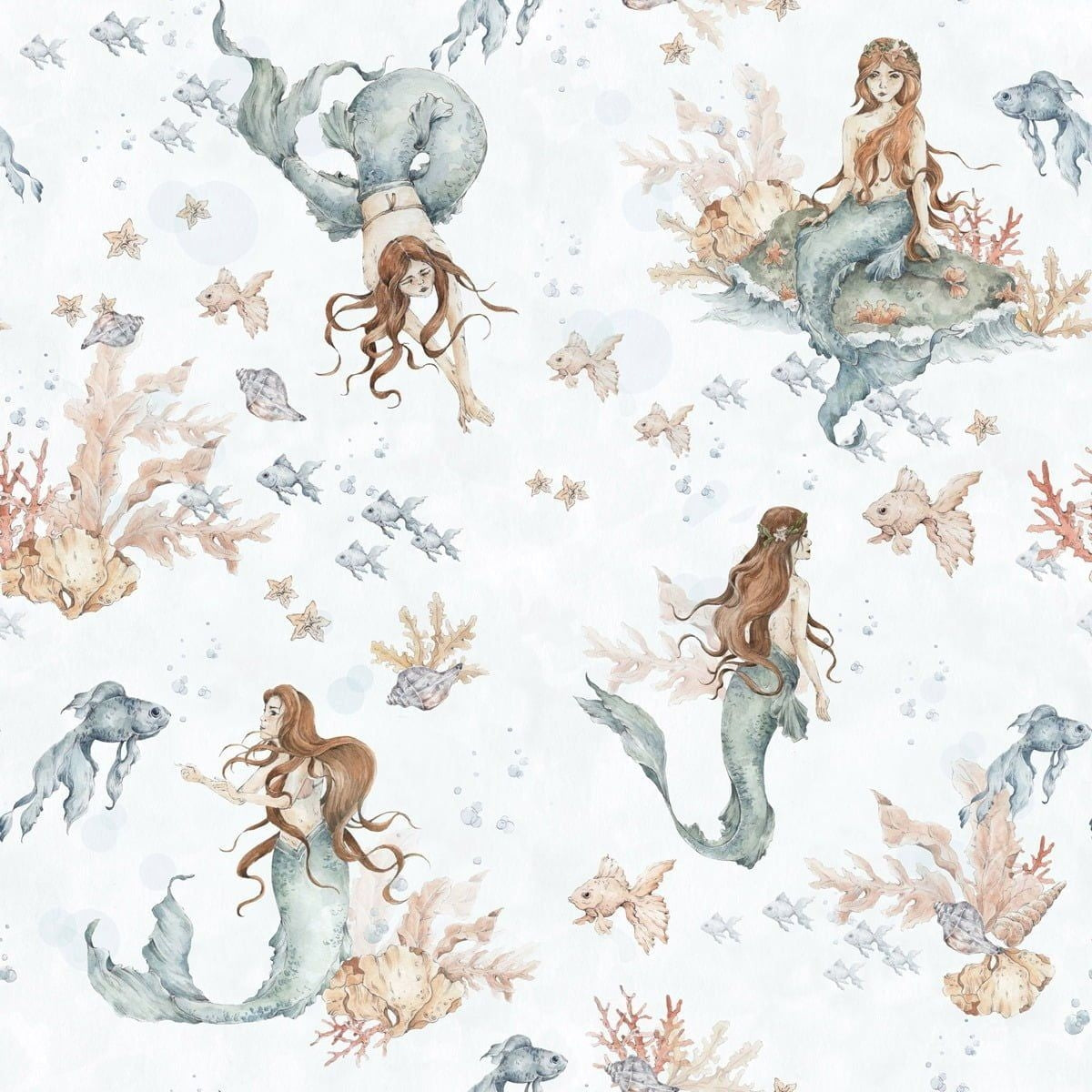 Dekornik Mermaid In Waves Light Behang — Een dromerig behang met zeemeerminnen die zwemmen tussen zachte golven, in lichte tinten, perfect voor een sprookjesachtige meisjeskamer.
