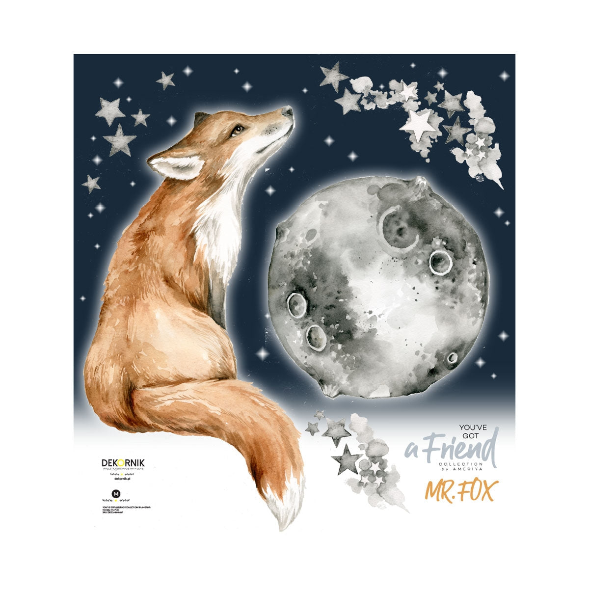 Dekornik Mr Fox Goodnight Muursticker — Een sfeervolle muursticker met een vosje dat welterusten wenst, in zachte nachtelijke kleuren, perfect voor een knusse slaapkamer.