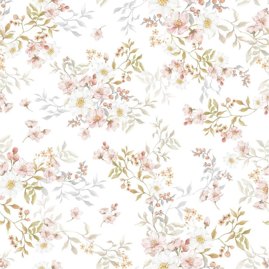 Dekornik Pastels In Bloom Behang — Een zacht behang met bloeiende bloemen in pastelkleuren, perfect voor een lichte, romantische kinderkamer.