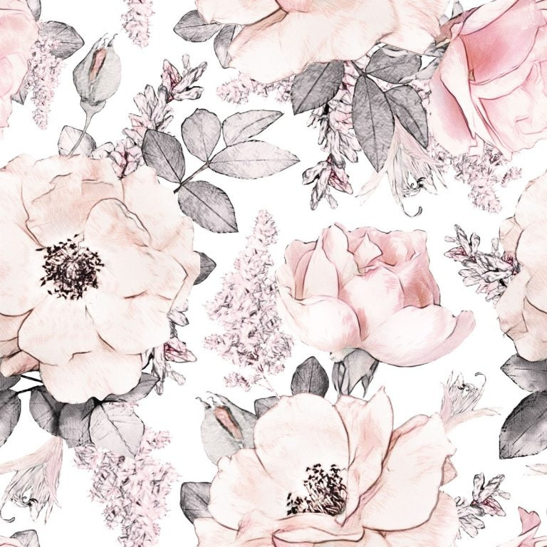Dekornik Behang Pink Garden — Een behang vol bloeiende bloemen en twijgjes in zachte roze en groene tinten, perfect voor een romantische bloementuin-kinderkamer. Close-up van de illustraties en texturen.