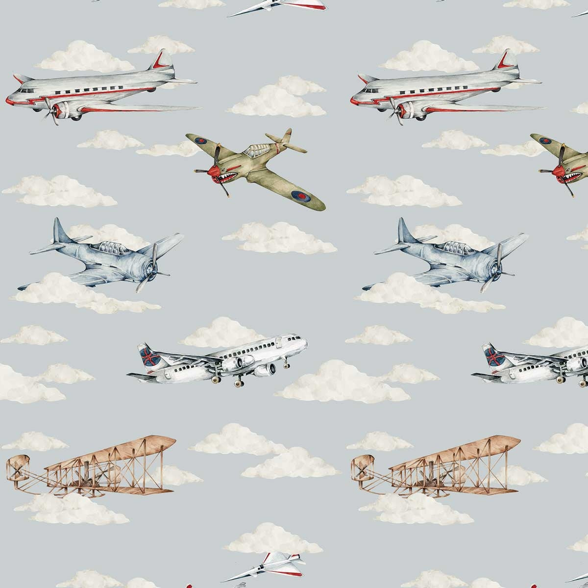 Dekornik Planes Color Behang — Een kleurrijk behang met vliegtuigjes die door de lucht zweven, perfect voor een speelse, avontuurlijke kinderkamer.