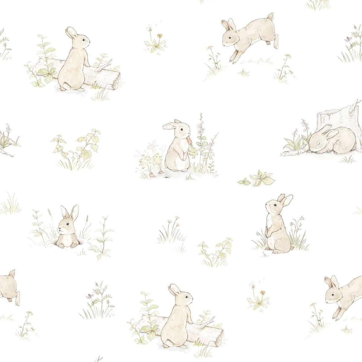 Dekornik Rabbit Day Classic Behang — Een klassiek behang met spelende konijntjes tussen bloemen en gras, in tijdloze kleuren, perfect voor een lieve kinderkamer. Close-up van de illustraties en texturen.