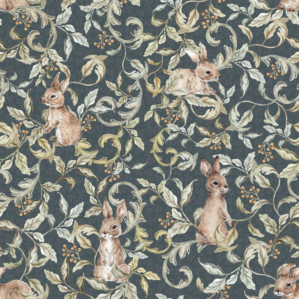 Dekornik Rabbits Groove Dark Behang — Een speels behang met konijntjes in een ritmisch patroon op een donkere achtergrond, perfect voor een sfeervolle, speelse kinderkamer.
