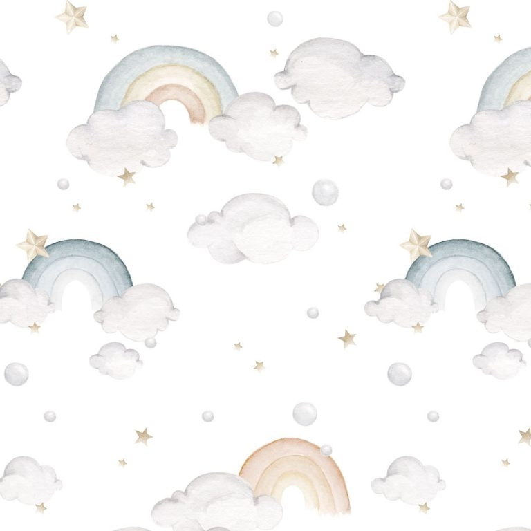 Dekornik Rainbows Behang — Een vrolijk behang met zachte regenbogen, wolkjes en sterretjes in pastelkleuren, perfect voor een vrolijke, kleurrijke kinderkamer. Close-up van de illustraties en texturen.