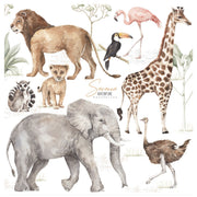 Dekornik Savanna Wonderland Muurstickers — Een speelse set muurstickers met savanne-dieren zoals giraffen, leeuwen en olifanten, perfect voor een avontuurlijke kinderkamer.