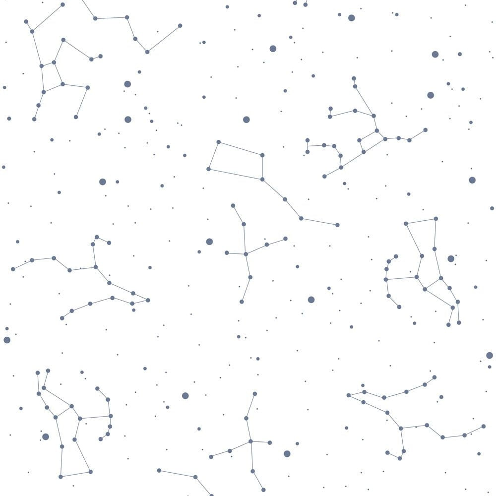 Dekornik Simple Cosmos White And Blue Behang — Een minimalistisch behang met sterren en planeten in wit en blauw, perfect voor een rustige, kosmische kinderkamer.