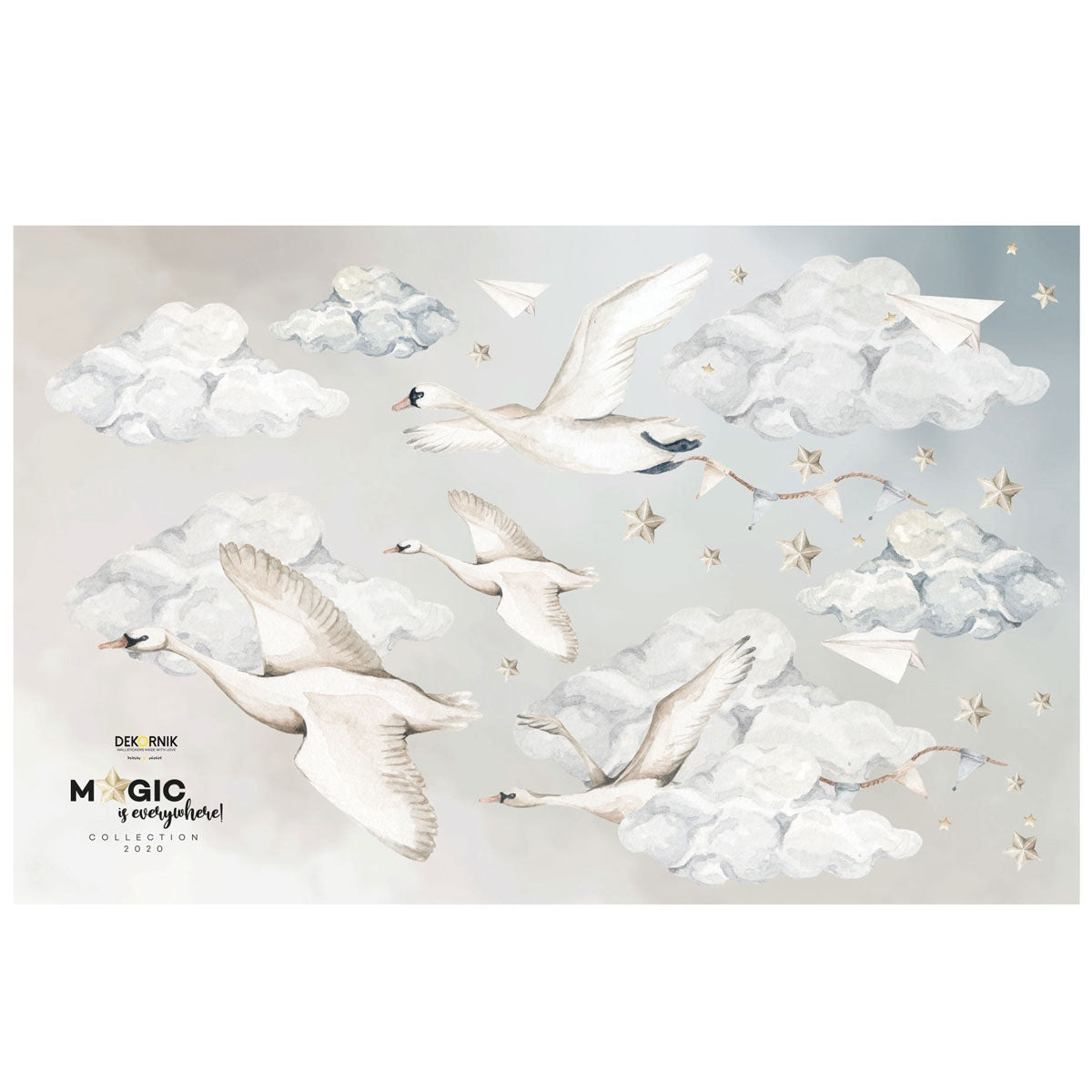 Dekornik Swans/ Magic Is Everywhere Muurstickers — Een elegante set muurstickers met zwanen die zweven tussen wolken en sterren, perfect voor een dromerige kinderkamer.