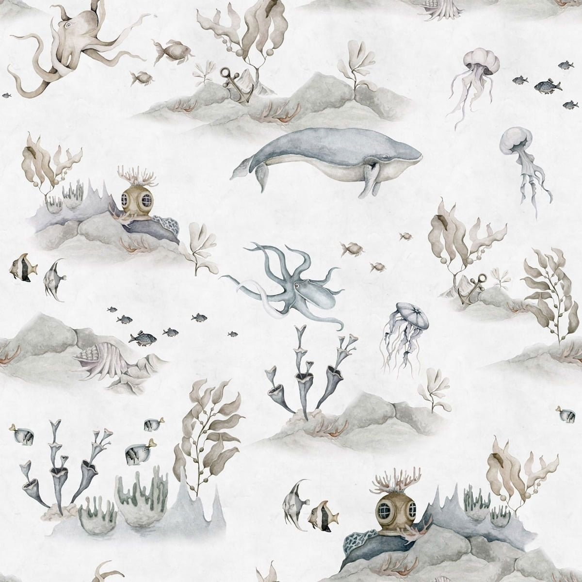 Dekornik Underwater World White Behang — Een rustig behang met een onderwaterwereld vol visjes en zeewezens op een witte achtergrond, perfect voor een serene, maritieme kinderkamer. Close-up van de illustraties en texturen.