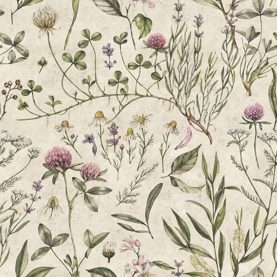 Dekornik Vintage Illustration Behang — Een nostalgisch behang met vintage illustraties in zachte, verweerde kleuren, perfect voor een tijdloze, sprookjesachtige kinderkamer. Close-up van de illustraties en texturen.