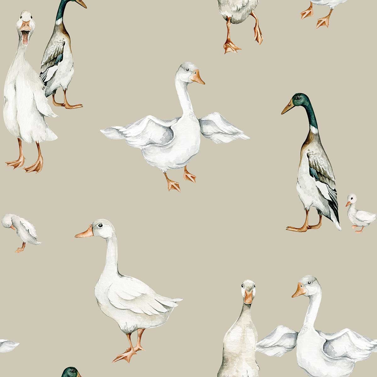 Dekornik White Ducks Behang — Een rustig behang met witte eendjes die rondzwemmen tussen waterplanten, perfect voor een serene, natuurlijke kinderkamer.