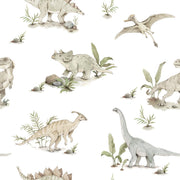 Dekornik Happy Dino's Behang — Een vrolijk behang met speelse dinosaurussen in vriendelijke kleuren, perfect voor een avontuurlijke kinderkamer. Detailopname van het patroon en de kleuren.