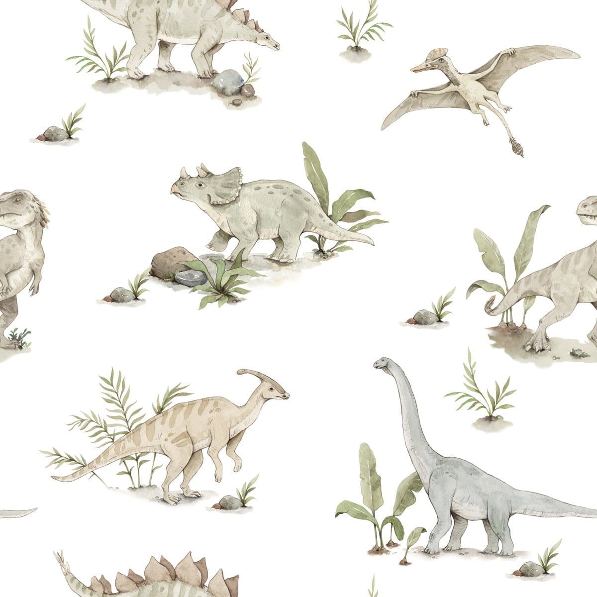 Dekornik Happy Dino's Behang — Een vrolijk behang met speelse dinosaurussen in vriendelijke kleuren, perfect voor een avontuurlijke kinderkamer. Detailopname van het patroon en de kleuren.