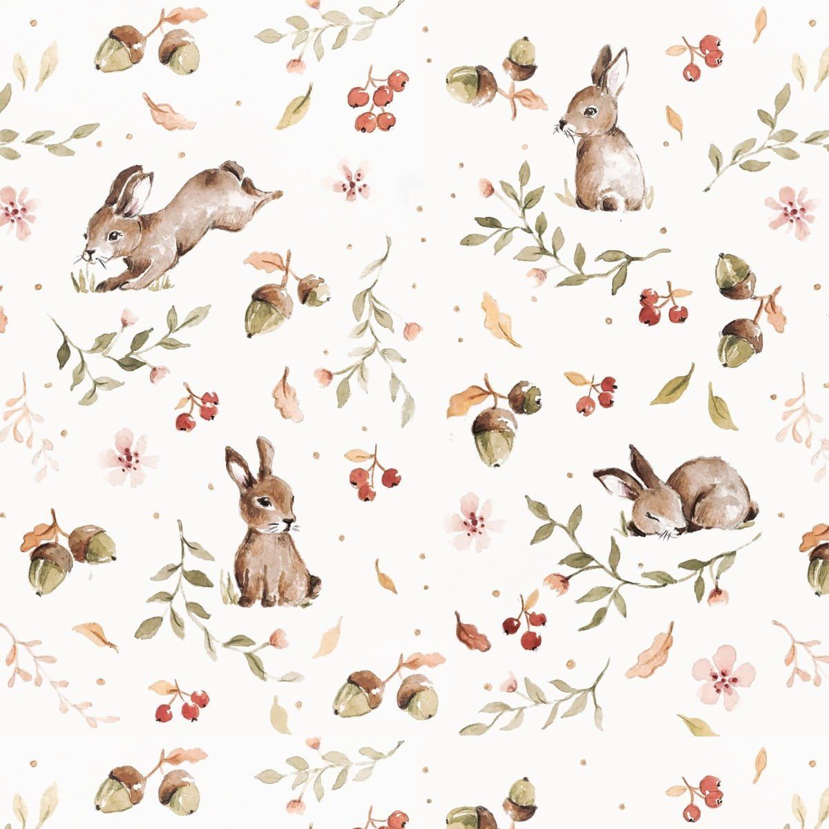 Dekornik Happy Rabbits Behang — Een vrolijk behang met huppelende konijntjes tussen bloemen en gras, in zachte kleuren, perfect voor een lieve, speelse kinderkamer. Detailopname van het patroon en de kleuren.