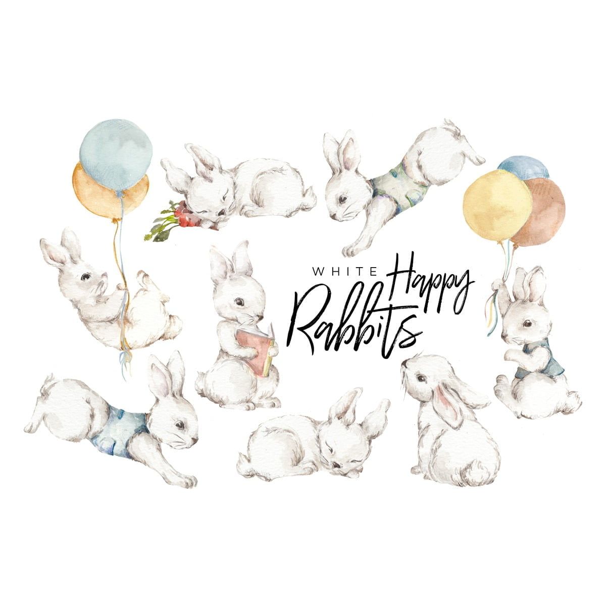 Dekornik Muursticker White Happy Rabbits Wonderland Set — Een zachtgekleurde set witte konijntjes die spelen tussen bloemen en grassprieten, perfect voor een dromerige, lieve babykamer.