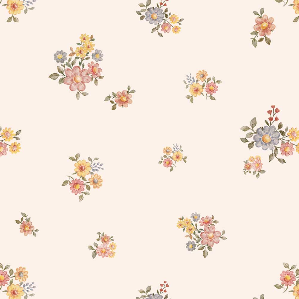 Dekornik Flowers Minimini Light Behang — Een fijn behang met kleine bloemetjes in een mini-patroon op een lichte achtergrond, perfect voor een luchtige, botanische kinderkamer. Detailopname van het patroon en de kleuren.