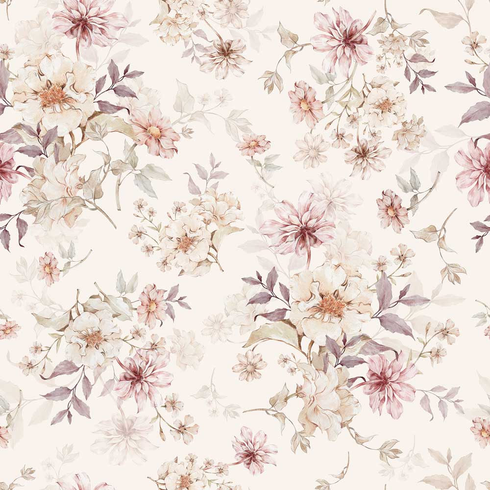 Dekornik Flowers With Violet Behang — Een sierlijk behang met bloemen in violette en paarse tinten, perfect voor een romantische, kleurrijke meisjeskamer. Detailopname van het patroon en de kleuren.