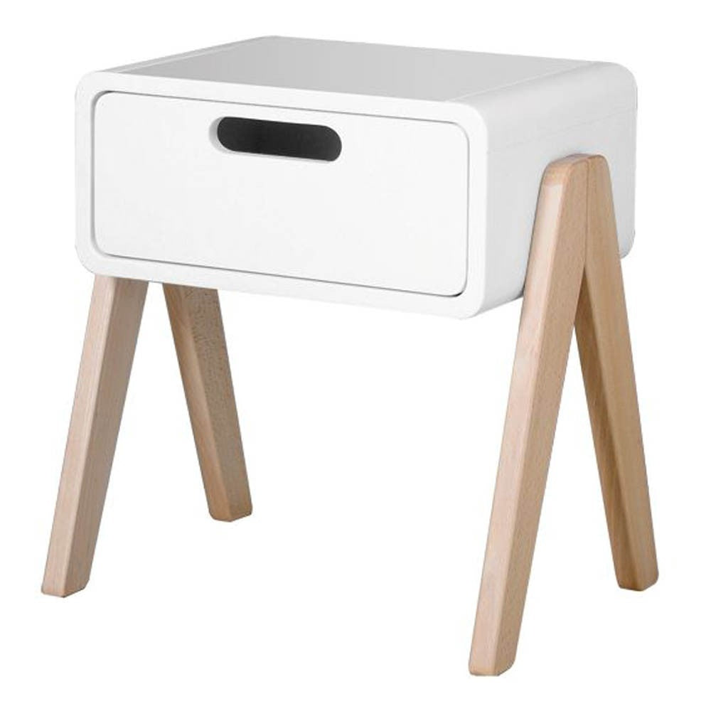 Nachtkastje Chevet Petit Robot Pieds Bois Naturel Blanc