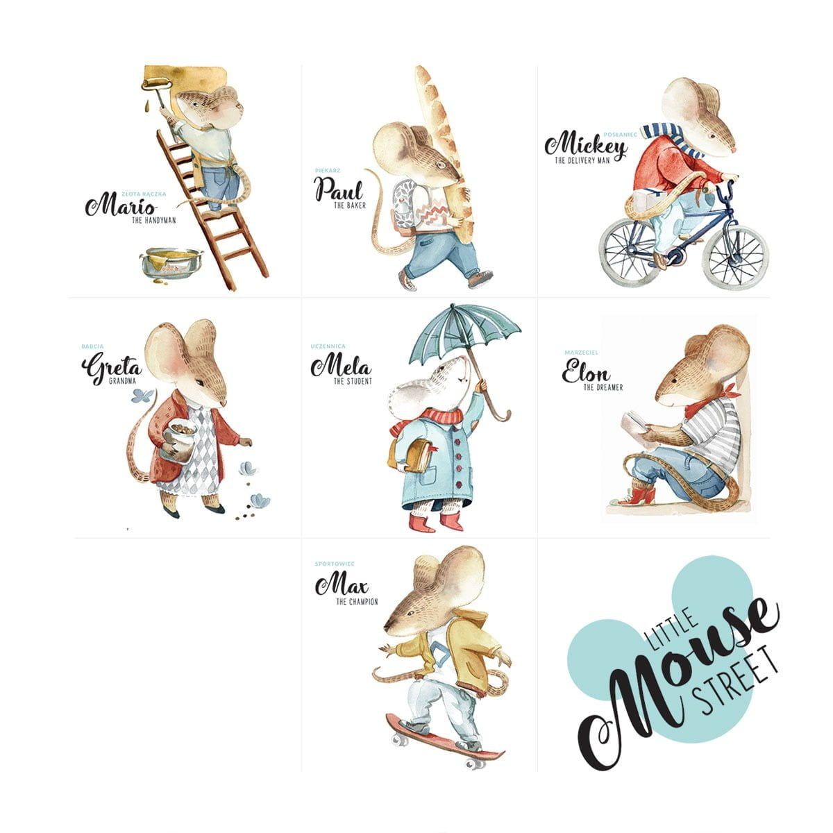 Dekornik Muursticker Little Mouse Street Set — Een vrolijke set muisjes die door een knus straatje met huisjes en kaasjes rennen, in warme aardetinten, perfect voor een speelse, nostalgische kinderkamer.