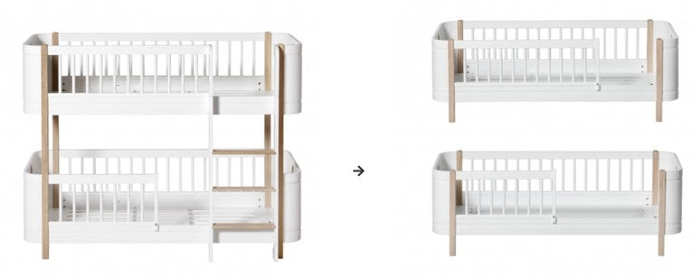 Oliver Furniture Conversie Kit Mini+ Bunk Bed To 2x Junior Beds opgesteld in een lichte Scandinavische kinderkamer