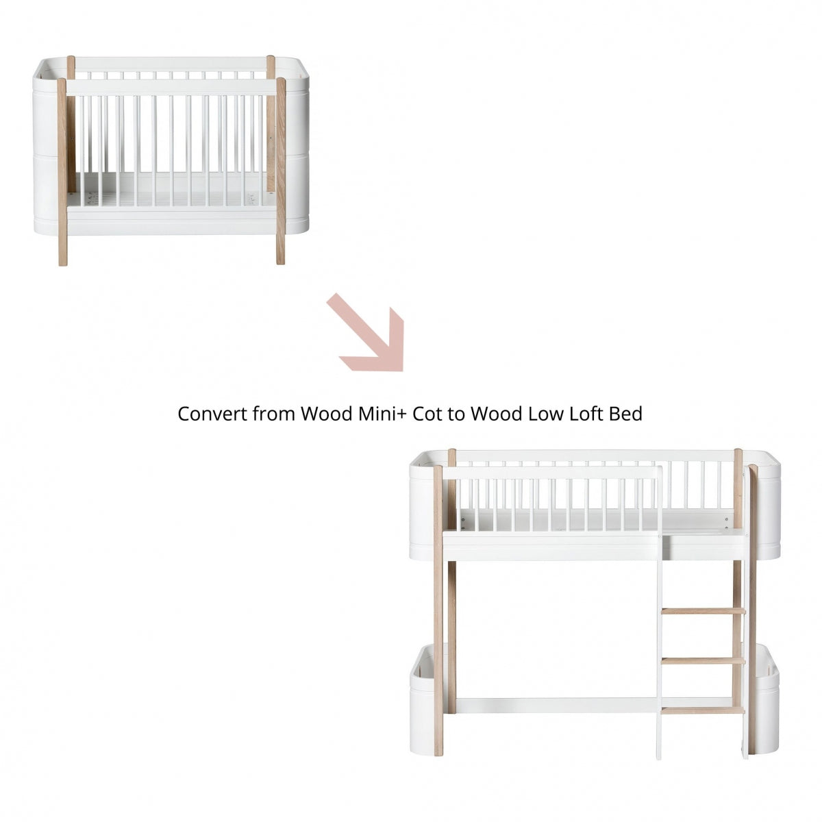 Oliver Furniture Conversiekit Mini+ Ledikant Naar Mini+ Low Loft Bed White/oak in een rustige Scandinavische babykamer met naturel