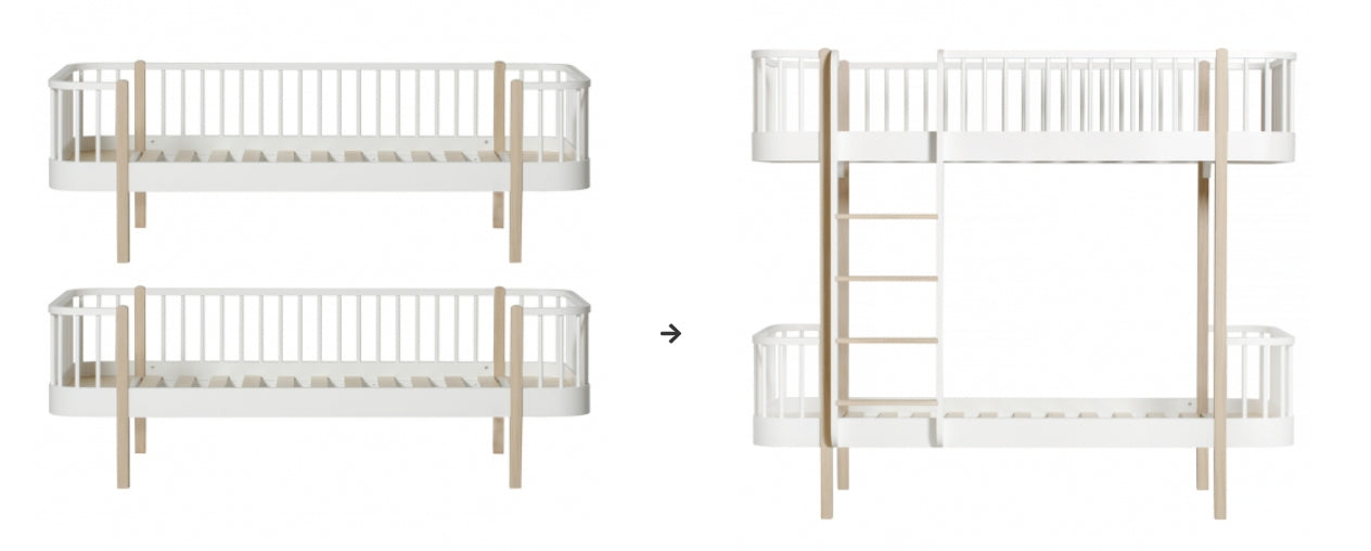 Oliver Furniture Conversion Kit 2 Day Beds Naar Bunk Bed, White/oak tijdens de transformatie van een Oliver Furniture