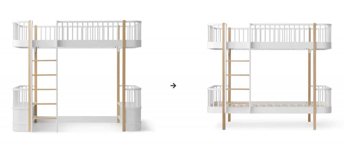 Oliver Furniture Conversion Kit Original Loft Bed To Bunk Bed White Oak tijdens de transformatie van een Oliver