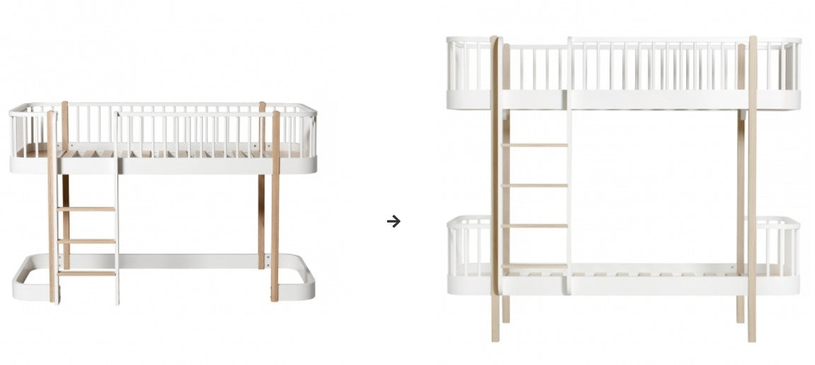 Oliver Furniture Conversion Kit Original Low Loft Bed To Bunk Bed White Oak tijdens de transformatie van een