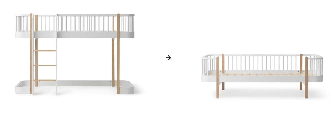 Oliver Furniture Conversion Kit Original Low Loft Bed To Day Bed White/oak tijdens de transformatie van een Oliver