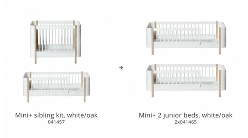 Oliver Furniture Mini+ Ledikant Sibling Kit To 2 Junior Beds-white/oak opgesteld in een lichte Scandinavische kinderkamer