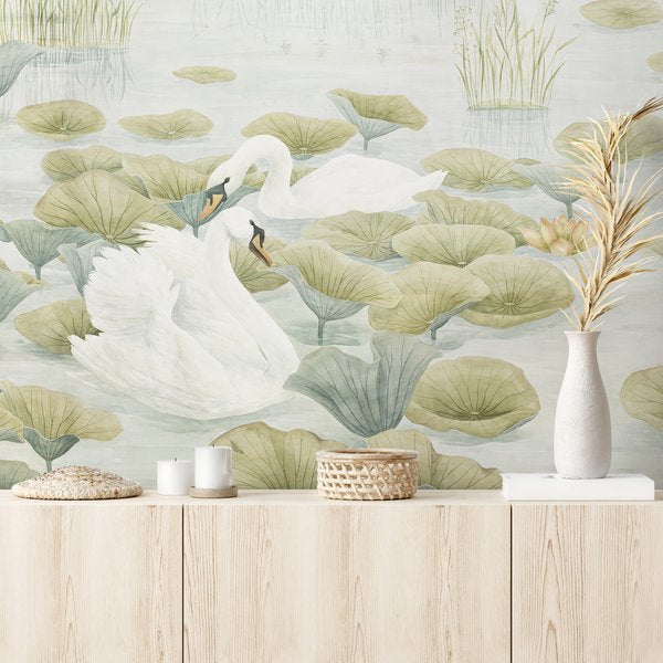 Classic Swan Lake Mural Wallpaper Green