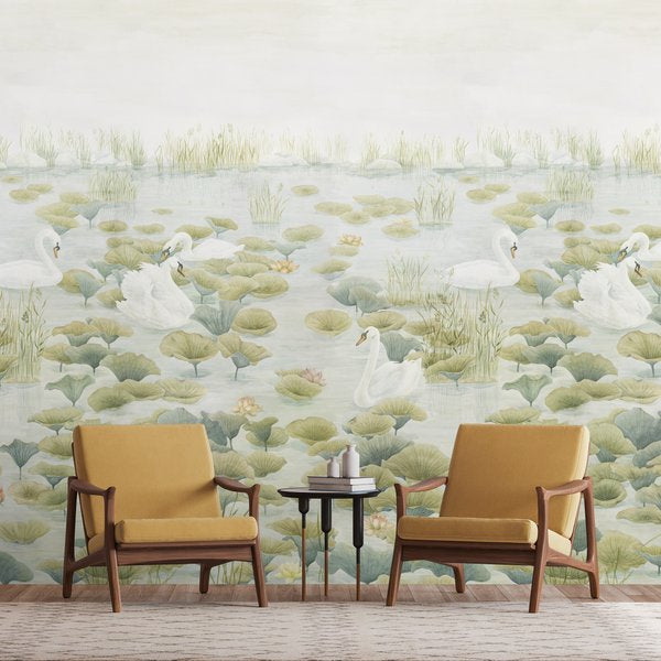 Classic Swan Lake Mural Wallpaper Green